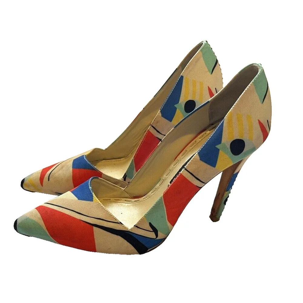 Womens Alice+Olivia Dina Color Block Graffiti Satin Heels Pumps-38 - Picture 6 of 6